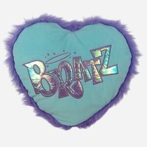 Bratz Y2K Heart Accent Pillow Teal Fleece Purple Faux Fur Iridescent Logo MGA